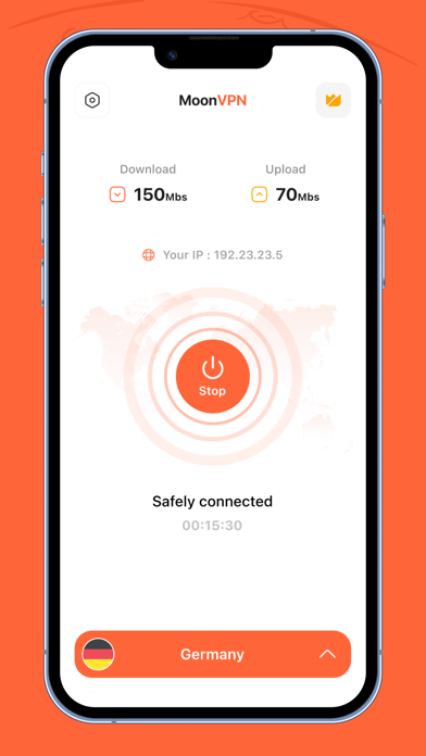 MoonVPN connected screen showing server speed and Germany location